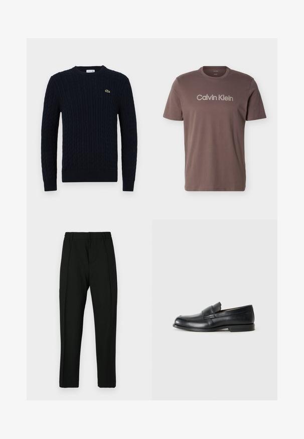 Marineblå striktrøje med kabelmønster, rund hals, ribkant ved ærmer og bund samt et lille grønt krokodillelogo på brystet.; Brun T-shirt med korte ærmer og rund hals med "Calvin Klein" logo tekst centreret på brystet.; Sorte bukser med en glat tekstur, der har en flad front, to lodrette folder og en smalende ben-design. Elastisk talje for komfort.; Sorte læder loafers med rund tå, syet detaljer og en flad gummisål. Har en bred rem over vristen.
