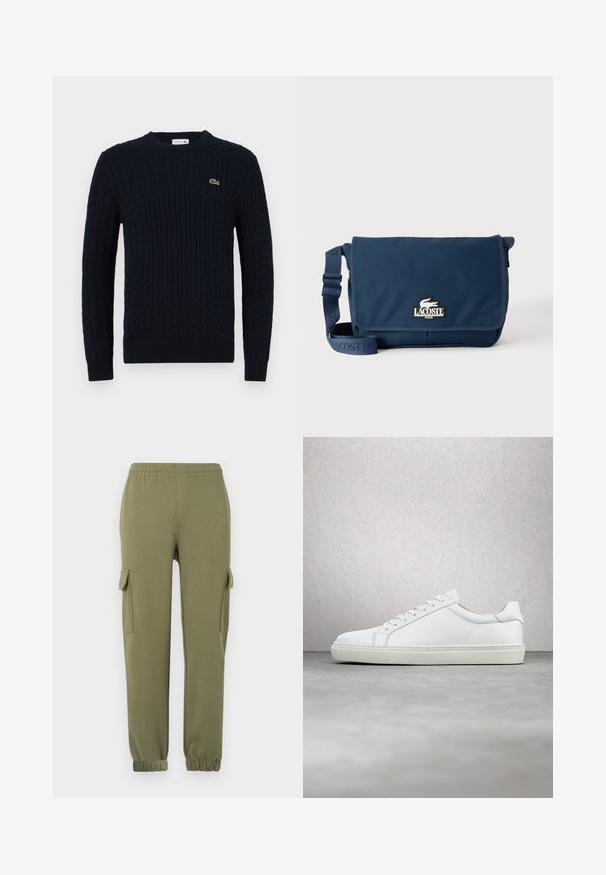 Marineblauer Strickpullover mit Zopfmuster, Rundhalsausschnitt, gerippten Bündchen und Saum sowie einem kleinen grünen Krokodil-Logo auf der Brust.; Cargo-Hosen aus leichtem, olivgrünem Stoff mit Seitentaschen, elastischem Bund und schmal zulaufenden Bündchen für eine bequeme Passform.; Weißer Sneaker mit glattem Lederobermaterial und niedrigem Profil. Verfügt über eine runde Zehenpartie, sechs Ösen und eine strukturierte Gummisohle.; Marineblaue Lacoste Messenger-Tasche mit verstellbarem Riemen und Logo-Patch auf der Vorderklappe, vor einem schlichten hellen Hintergrund.