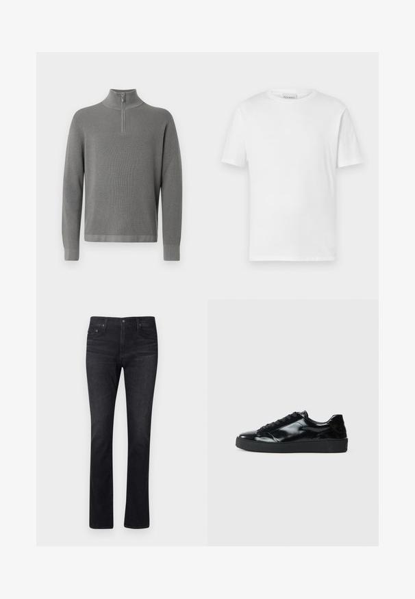 Pull en tricot gris avec un col zippé à moitié, des manches longues et un motif texturé. Lignes épurées et accents côtelés aux poignets et à l'ourlet.; T-shirt blanc à manches courtes en coton. Présente un col rond et un ourlet droit. Sans motifs ni embellissements. Design simple.; Jean en denim foncé avec une coupe droite, présentant un design classique à cinq poches et des coutures discrètes. Le tissu a une texture lisse.; Baskets en cuir verni noir avec un bout arrondi, un laçage, une semelle en caoutchouc texturé et une finition lisse.