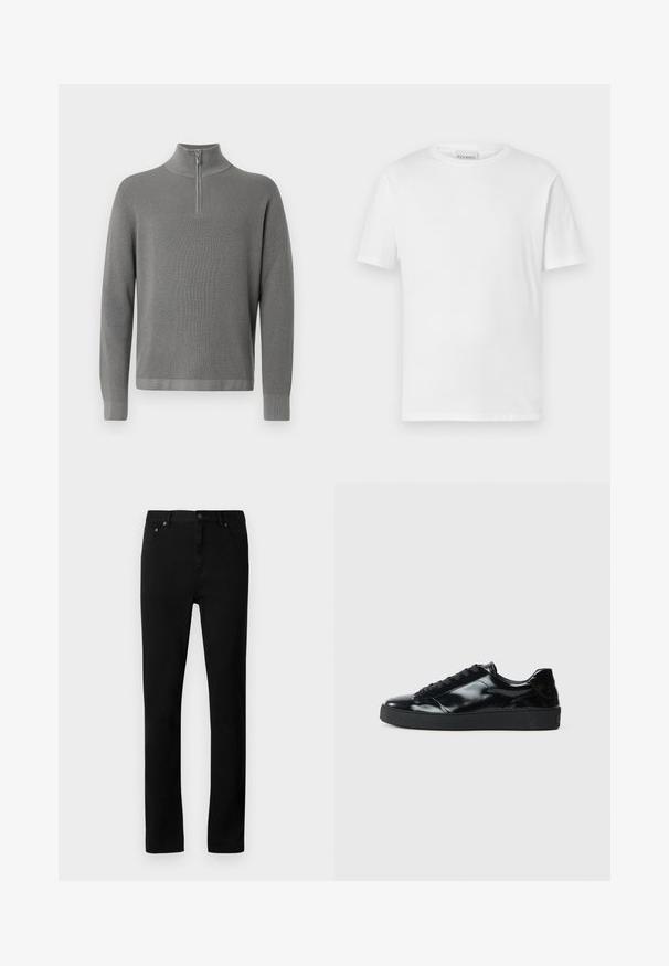 Pull en tricot gris avec un col zippé à moitié, des manches longues et un motif texturé. Lignes épurées et accents côtelés aux poignets et à l'ourlet.; T-shirt blanc à manches courtes en coton. Présente un col rond et un ourlet droit. Sans motifs ni embellissements. Design simple.; Jean en denim noir avec une coupe droite, design à cinq poches, détails en métal et une texture lisse et opaque.; Baskets en cuir verni noir avec un bout arrondi, un laçage, une semelle en caoutchouc texturé et une finition lisse.