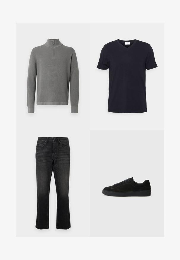 Pull en tricot gris avec un col zippé à moitié, des manches longues et un motif texturé. Lignes épurées et accents côtelés aux poignets et à l'ourlet.; T-shirt noir à col en V en coton, doté de manches courtes et d'une coupe décontractée. Design simple, sans motifs ni accents supplémentaires.; Jean en denim noir avec une coupe droite, comportant des poches avant et une fermeture à bouton. Décoloration subtile et détail de tissu texturé.; Basket en suède noire avec une semelle plate et texturée, un bout rond, six œillets pour les lacets et un design minimaliste.
