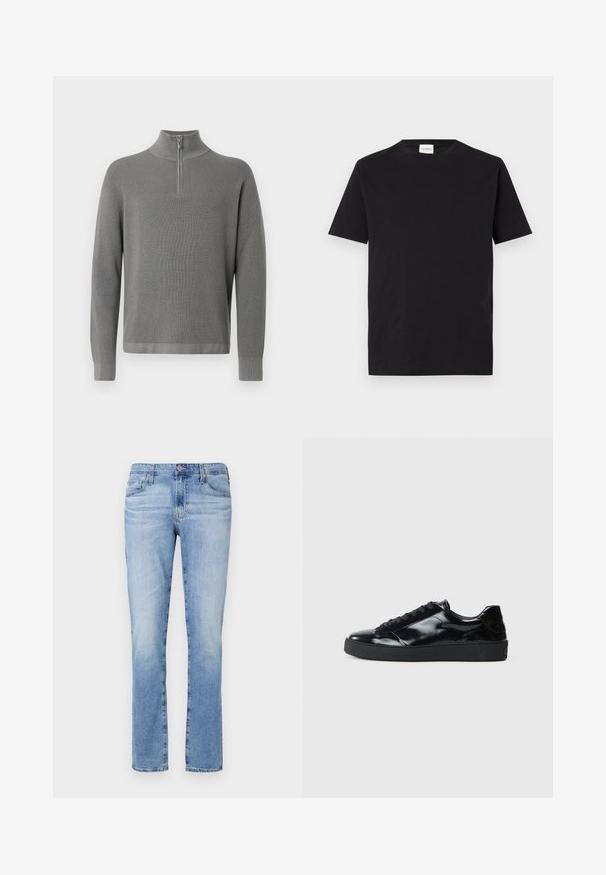 Grå strikket pullover med halv-zip krave, lange ærmer og et tekstureret mønster. Enkle linjer og ribbede detaljer ved ærmerne og kanten.; Sort bomulds T-shirt med rund hals og korte ærmer. Har et lige snit og et minimalistisk design, med et mærke synligt ved kraven.; Lyseblå denimjeans med lige ben, med knaplukning, fem lommer og let falmning i stoffet.; Sorte laklæder sneakers med rund tå, snørredesign, tekstureret gummisål og en glat overflade.