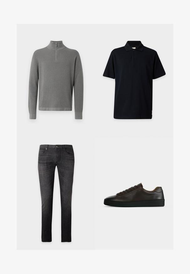 Pull en tricot gris avec un col zippé à moitié, des manches longues et un motif texturé. Lignes épurées et accents côtelés aux poignets et à l'ourlet.; Polo noir à manches courtes avec col et un bouton sur un fond gris clair.; Jean slim noir en denim avec cinq poches et fermeture par boutons, présenté à plat sur un fond clair.; Baskets basses en cuir marron foncé avec semelle en caoutchouc noire, lacets à l'avant et design minimaliste épuré sur fond clair.