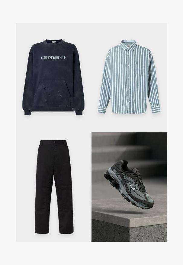 Sweat-shirt bleu marine foncé avec une poche avant, des poignets côtelés et un logo blanc délavé ; le tissu présente un motif moucheté.; Chemise boutonnée à rayures bleu clair et blanche, à manches longues, avec un col et une poche poitrine. Fabriquée en tissu tissé lisse.; Pantalons noirs en tissu robuste, avec une coupe décontractée, des jambes larges, des poches avant et des détails renforcés aux genoux.; Baskets athlétiques grises et noires avec panneaux en mesh et semelle épaisse, positionnées en plein air au-dessus d'un rebord en béton avec des escaliers en arrière-plan.