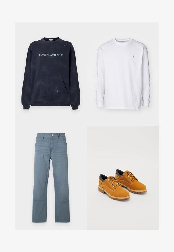 Sweat-shirt bleu marine foncé avec une poche avant, des poignets côtelés et un logo blanc délavé ; le tissu présente un motif moucheté.; T-shirt à manches longues blanc en coton. Présente un petit logo doré sur la poitrine et un col rond. Design simple et coupe standard.; Pantalon en denim bleu à jambes droites, taille haute, poches avant et coutures renforcées sur les cuisses et les genoux, étalé à plat sur un fond blanc.; Chaussures en daim marron avec un bout rond, des lacets jaunes, un col rembourré noir et des semelles en caoutchouc avec des rainures de traction.