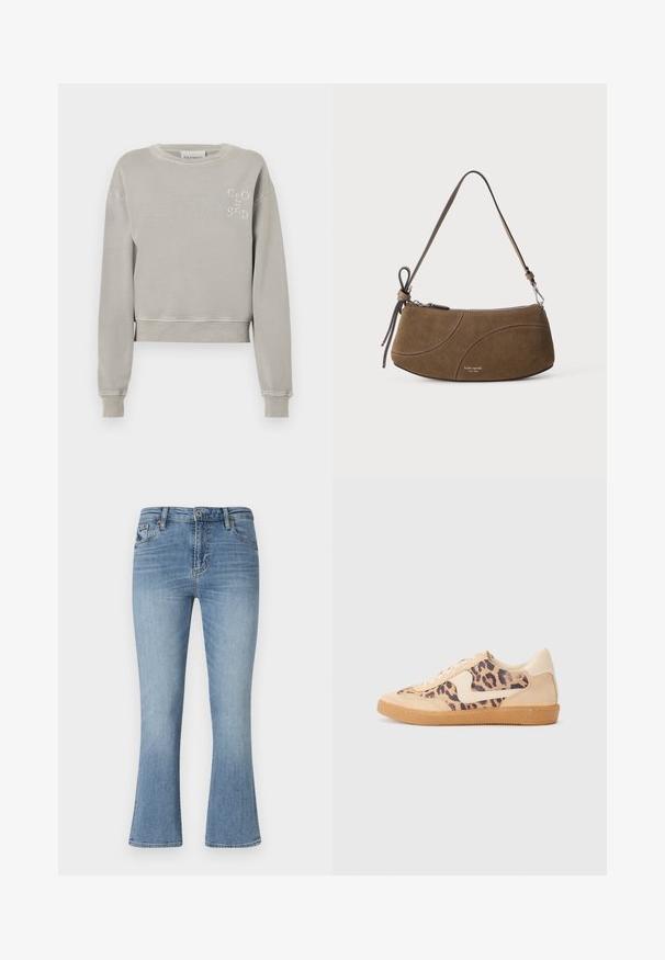 Sweatshirt court gris clair en coton doux avec des poignets côtelés, un col rond et un logo estampé "CLOSED" sur la poitrine.; Jean évasé bleu clair en denim. Il présente une taille mi-haute, cinq poches et des passants de ceinture. Détails de décoloration et couture visibles.; Baskets en imprimé léopard avec tige en suède beige, semelle en caoutchouc tan et accents blancs. Bout rond et design à lacets avec une finition texturée.; Sac à bandoulière en daim marron avec une sangle courte, une fermeture éclair et des détails de couture courbes subtils.