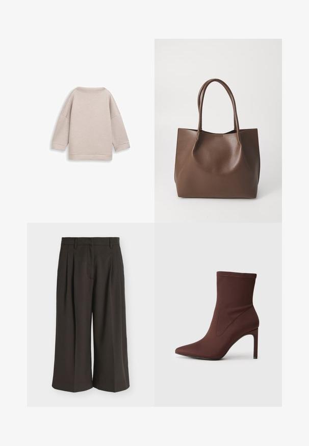 Ανοιχτό μπεζ, φαρδιά μπλούζα με στρογγυλή λαιμόκοψη και μανίκια τριών τετάρτων. Απαλή υφή, χωρίς ορατά σχέδια ή μεταλλικά στοιχεία. Εμφανίζεται η πίσω όψη.; Σκούρο καφέ παντελόνι με φαρδιά μπατζάκια, πιέτες, θηλιές για ζώνη και φερμουάρ εμπρός, παρουσιάζεται σε λευκό φόντο.; Καφέ ελαστική μπότες μέχρι τον αστράγαλο με μυτερή μύτη και τακούνι στιλέτο 10 εκατοστών. Ραφές κατά μήκος των πλευρών, ομαλή υφή, και χωρίς ορατές κλείσεις.; Καφέ δερμάτινη τσάντα tote με δύο μακριές λαβές, δομημένο σχήμα, λεία υφή και μινιμαλιστικό σχέδιο. Χωρίς ορατά αξεσουάρ ή διακοσμητικά στοιχεία.