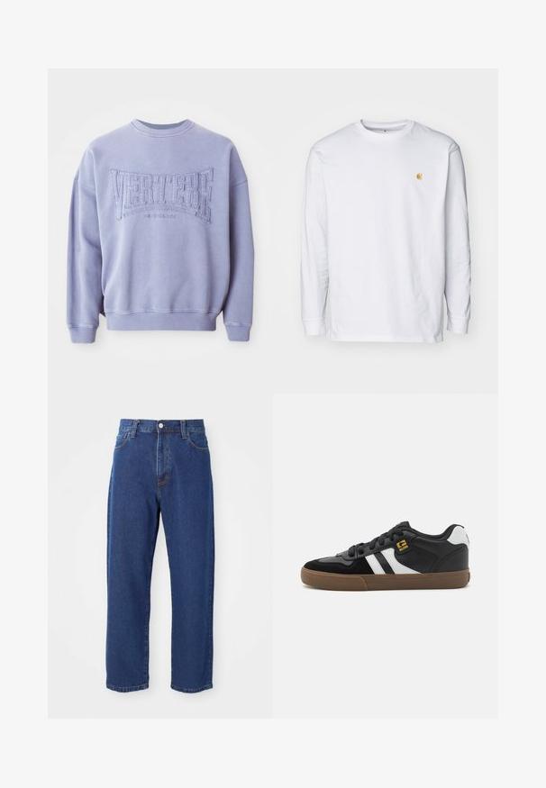 Sweatshirt violet en tissu doux avec le texte brodé "VERTERE" et "BERLIN". Poignets et encolure côtelés avec une coupe décontractée.; T-shirt à manches longues blanc en coton. Présente un petit logo doré sur la poitrine et un col rond. Design simple et coupe standard.; Jeans en denim taille haute de couleur bleue, avec une coupe droite, des coutures visibles et une fermeture à bouton à l'avant.; Baskets noir et blanc avec une tige en daim et en cuir, présentant des rayures blanches, des lacets noirs et une semelle en caoutchouc marron. Accents de logo dorés.
