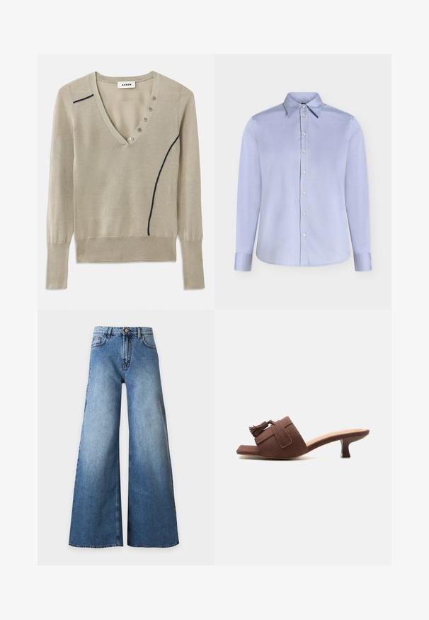Pull à col en V tricoté en beige clair, avec une ligne d'accent marine et un détail de cinq boutons sur le devant, doté de manches longues et de poignets côtelés.; Chemise bleu clair à manches longues avec boutons, col pointu et poignets boutonnés, présentée sur un fond clair uni.; Jean en denim bleu taille haute avec jambes larges, bouton sur le devant, fermeture éclair et design cinq poches sur un fond clair uni.; Mule en daim marron avec talon kitten de hauteur moyenne, bout carré, et détail de pompon sur la large sangle traversant le pied.