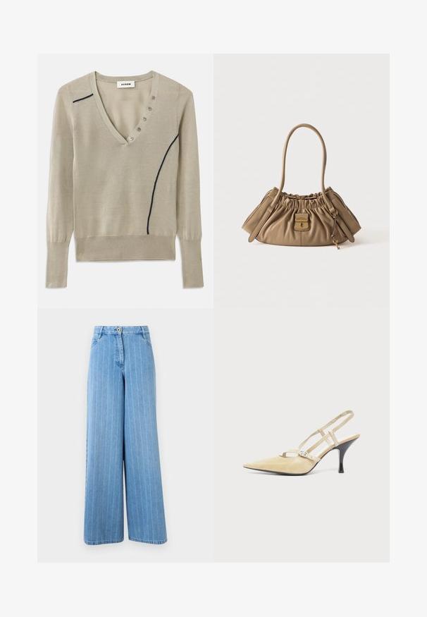 Pull à col en V tricoté en beige clair, avec une ligne d'accent marine et un détail de cinq boutons sur le devant, doté de manches longues et de poignets côtelés.; Jean large bleu clair avec de fines rayures verticales blanches, bouton sur le devant, fermeture éclair et poches avant.; Escarpin slingback beige à bout pointu avec fines brides et boucle argentée sur un talon aiguille noir de hauteur moyenne sur fond blanc.; Sac à main en cuir souple beige avec sommet froncé, détail de serrure et clé en ton doré, et deux bretelles, posé sur un fond uni.