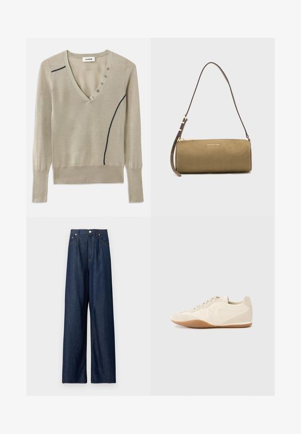 Pull à col en V tricoté en beige clair, avec une ligne d'accent marine et un détail de cinq boutons sur le devant, doté de manches longues et de poignets côtelés.; Jean en denim bleu foncé à jambes larges avec taille haute, fermeture frontale par bouton et fermeture éclair, et poches latérales sur un fond clair uni.; Baskets beige clair avec une tige en cuir texturé, des panneaux latéraux texturés et une semelle en caoutchouc. Dotées d'un design fin et épuré ainsi que de lacets plats.; Sac à main cylindrique en cuir vert olive avec une fine sangle ajustable et un logo Michael Kors doré sur le devant.