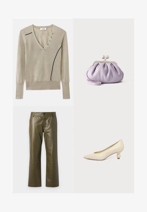 V-hals sweater i lys beige strik, med en marineblå accentlinje og fem-knap detalje foran, med lange ærmer og ribbede manchetter.; CLOSED SERANDON - Skindbukser - marsh green; Kremfarvet damesko med spids snude og lav hæl, hvor hælen er rund og kugleformet, på en ensfarvet baggrund.; Blød lavendel clutch med opsamlet stof, sølv kiss-lock lås og matchende håndledsrem på en ensfarvet lys baggrund.