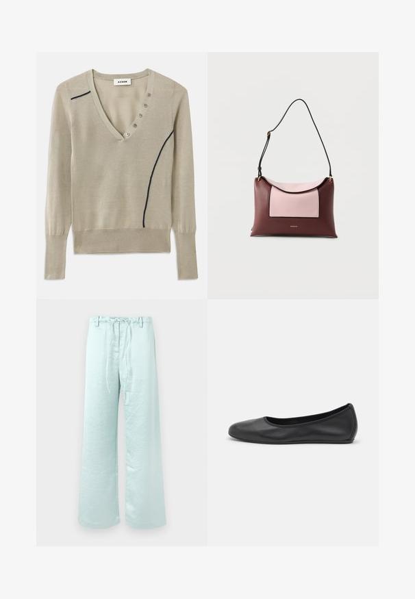 V-hals sweater i lys beige strik, med en marineblå accentlinje og fem-knap detalje foran, med lange ærmer og ribbede manchetter.; Lys mintgrønne vidde bukser i en krøllet stof. Har en snøre i taljen og sidelommer for funktionalitet.; Sort læderballetsko med rund tå, glat tekstur, minimal syning og et fleksibelt såldesign.; Rektangulær skuldertaske i læder i burgundy med en lys pink frontlomme og justerbar sort rem.