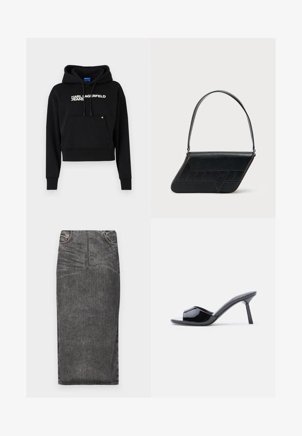 Μαύρο cropped hoodie φτιαγμένο από μαλακό ύφασμα, με μπροστινή τσέπη, κουκούλα με κορδόνι και λευκό λογότυπο "KARL LAGERFELD JEANS".; Γκρι τζιν μίντι φούστα με κάθετες ρίγες, διαθέτει ψηλή μέση, πέντε τσέπες και καθαρή γραμμή στο κάτω μέρος.; Μαύρες σανδάλια με ανοιχτά δάχτυλα από πατούρα λουστρίνι, με καμπυλωτό σχεδιασμό στο επάνω μέρος και λεπτό τακούνι στιλέτο. Λείος, γυαλιστερός φινίρισμα.; Μαύρη δερμάτινη τσάντα ώμου με τριγωνικό σχήμα, ανάγλυφο λογότυπο και έναν ρυθμιζόμενο ιμάντα. Μινιμαλιστικός σχεδιασμός με λεία υφή.