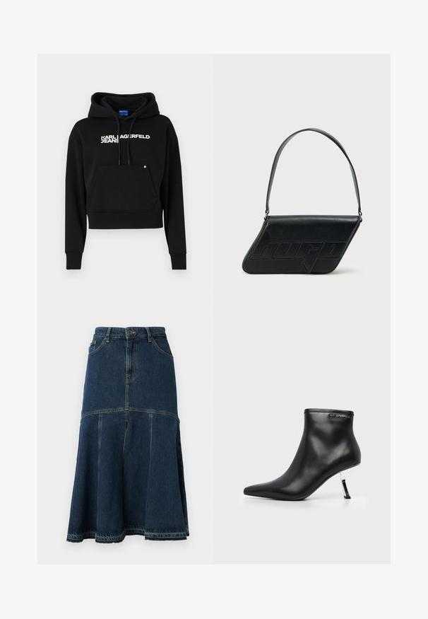Čierna kratká mikina vyrobená z jemného materiálu, s prednou kapsou, kapucňou na sťahovanie a bielym textovým logom "KARL LAGERFELD JEANS."; Džínová sukňa v tmavomodrej farbe s rozšíreným strihom, ktorá má vysoký pás, predné vrecká a nerozštiepený lem. Má opotrebovaný vzhľad a detaily šitia.; Čierna kožená členková čižma s špicatou špičkou a lesklým strieborným ihličkovým podpätkom na bielom pozadí.; Čierna kožená taška cez rameno v trojuholníkovom tvare, s vyrazeným logom a jedným nastaviteľným pásikom. Minimalistický dizajn s hladkou textúrou.