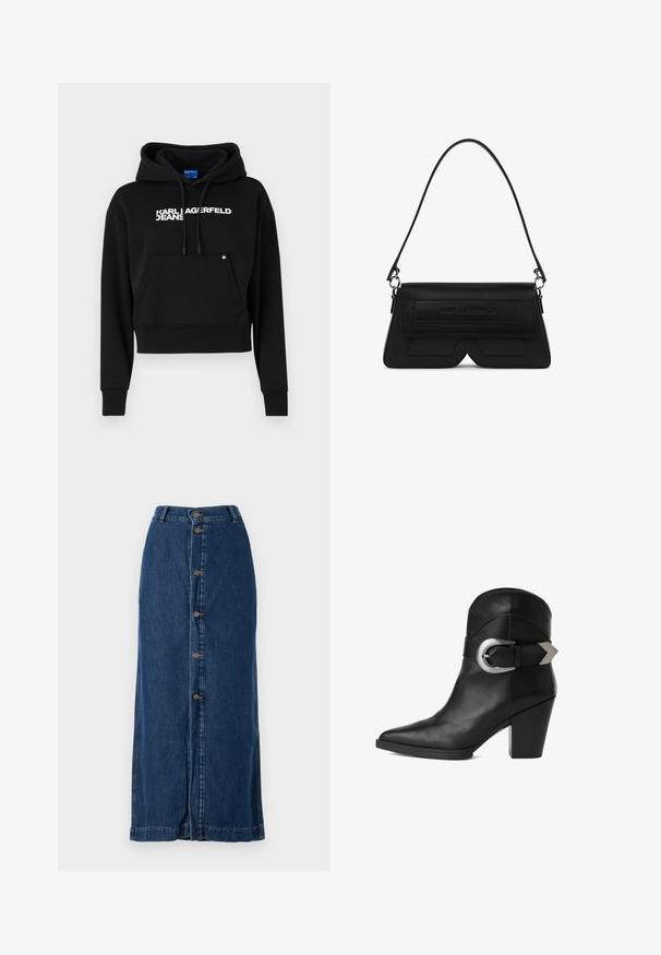 Sort cropped hoodie lavet af blød stof, med en fronlomme, snor i hætten og hvid tekstlogo "KARL LAGERFELD JEANS."; Mørkeblå denim-maxiskørt med knaplukning foran og sideslids, med en lige silhuet og syet kant.; Sort læder ankelsko med spidse tæer, kraftig hæl og en bred rem med en cirkulær sølvspænde på siden. Glat tekstur.; Sort skuldertaske formet som en trapez med klap, præget logo foran og en enkelt tynd strop fastgjort med sølvringe.