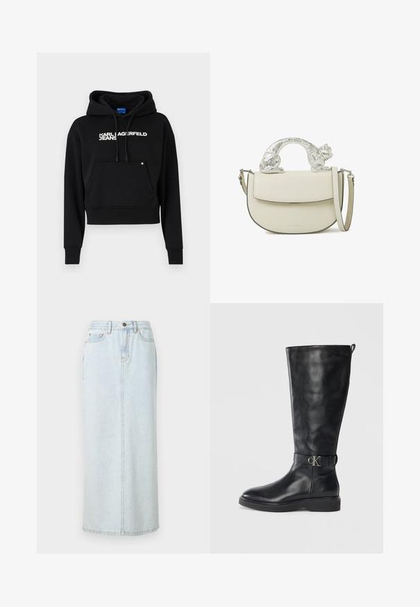 Musta lyhyt huppari, joka on valmistettu pehmeästä kankaasta. Siinä on etutasku, nyöritettävä huppu ja valkoinen tekstilogotulostus "KARL LAGERFELD JEANS."; Vaaleansininen farkku-maksihame, jossa on suora muotoilu, edessä nappikiinnitys ja näkyvät rimpsut. Sisältää kaksi etutaskua.; Musta nahkainen polveen asti ulottuva saapas, jossa on matala korko, pyöreä kärki ja metallinen "CK"-logolla varustettu vyö nilkassa.; Kermanvärinen nahkainen olkalaukku, jossa on läppä ja hopeanvärinen kissanmuotoinen kahva laukun päällä sekä säädettävä olkahihna.