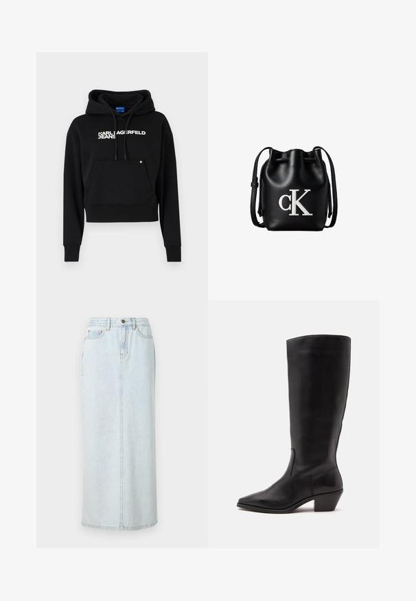 Sort cropped hoodie lavet af blød stof, med en fronlomme, snor i hætten og hvid tekstlogo "KARL LAGERFELD JEANS."; Lyseblå denim maxi-nederdel med lige design, frontknaplukning og synlige syninger. Har to frontlommer.; Sort læderstøvle til midtkalv med spids tå og lavt skråt hæl på en enkel lys baggrund.; Sort læder bucket taske med snørelukning på toppen og hvidt "cK" logo foran, med justerbar skulderrem.