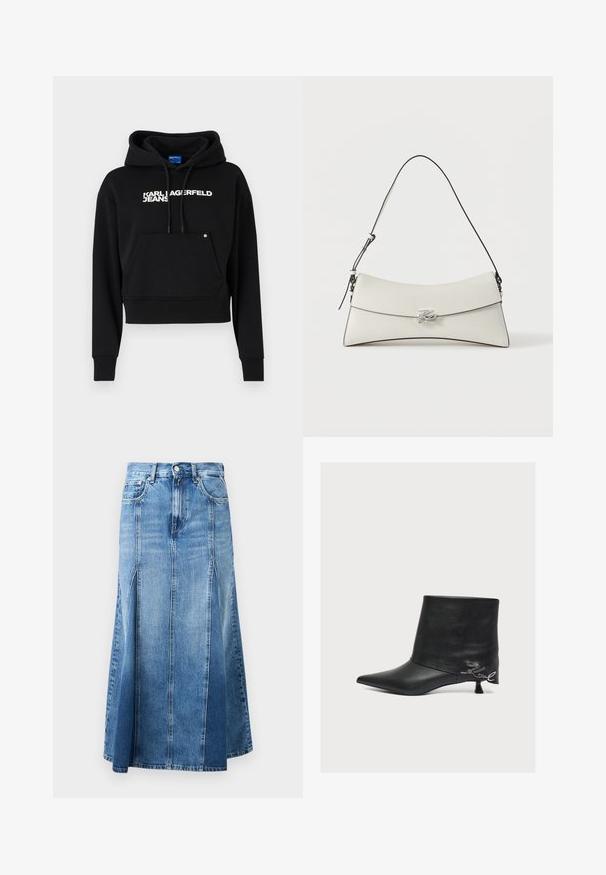 Čierna kratká mikina vyrobená z jemného materiálu, s prednou kapsou, kapucňou na sťahovanie a bielym textovým logom "KARL LAGERFELD JEANS."; Džínová sukňa s svetlomodrým až tmavomodrým gradientom, po kolená, so rovný strihom, prednými rozparkami a klasickým zapínaním na gombík a zips.; Čierna kožená členková čižma s bodcou špičkou, nízkym kitten podpätkom a kovovým detailom podpisu "Karl" pri päte na jednofarebnom pozadí.; Biela kožená kabelka cez rameno s oblým chlopňou, čiernym lemovaním, nastaviteľným popruhom a striebornou dekoratívnou prackou na jednoliatom pozadí.