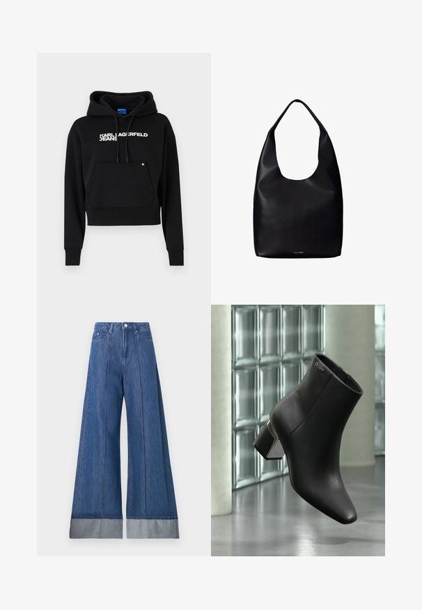 Zwarte cropped hoodie van zacht materiaal, met een voorzak, trekkoordcapuchon en witte tekstlogo "KARL LAGERFELD JEANS."; Wijde jeans in mediumblauwe denim, met een hoge taille, twee voorkruiven en een contrasterende lichtere denim omslag aan de onderkant.; Zwarte leren enkellaars met blokhak, DKNY-logo nabij de bovenkant, getoond tegen een glazen blokmuur en gepolijste betonvloer.; Zwarte leren totebag met een enkele brede schouderriem en een subtiel Calvin Klein-logo onderaan het midden.