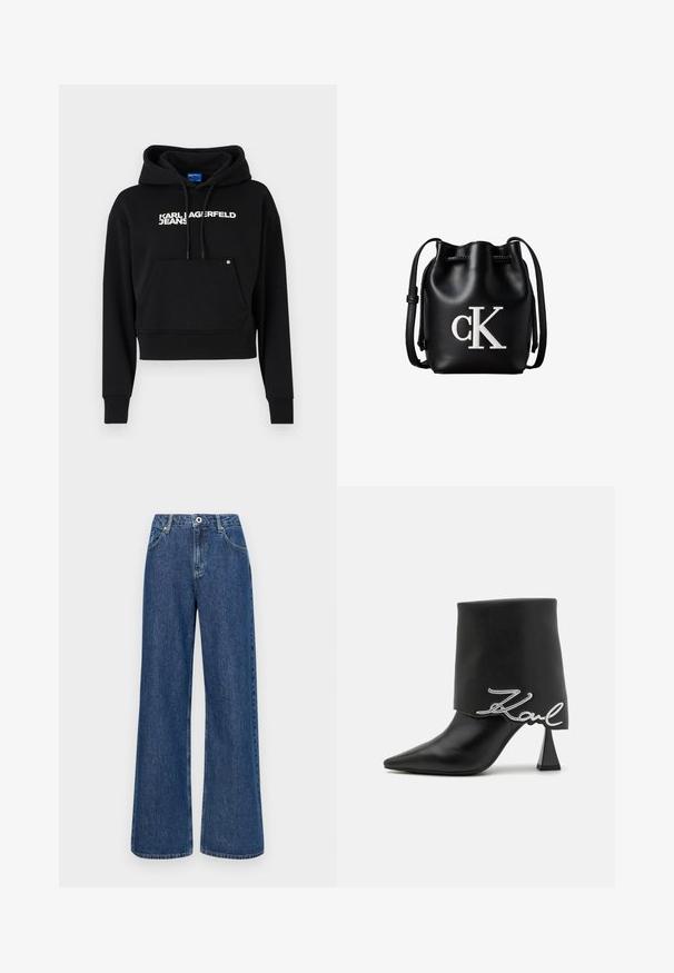 Sort cropped hoodie lavet af blød stof, med en fronlomme, snor i hætten og hvid tekstlogo "KARL LAGERFELD JEANS."; Bredde blå denim jeans med høj talje, udstyret med forlommer og en enkelt knaplukning. Tekstureret stof med synlige sømme.; Sort læderankelstøvle med spids tå, høj blokhælsås og en foldet overdel med et sølvfarvet "Zaul" logo.; Sort læder bucket taske med snørelukning på toppen og hvidt "cK" logo foran, med justerbar skulderrem.