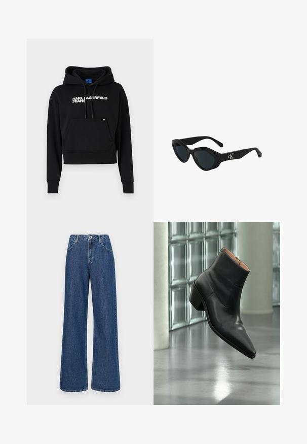 Čierna kratká mikina vyrobená z jemného materiálu, s prednou kapsou, kapucňou na sťahovanie a bielym textovým logom "KARL LAGERFELD JEANS."; Džíny s širokými nohavicami z modrej denimu s vysokým pásom, so prednými vreckami a jedným gombíkom na zapínanie. Štruktúrovaná tkanina s viditeľným šitím.; Čierna kožená členková obuv s ostrou špičkou a blokovým podpätkom vznášajúca sa nad odrazovou sivou podlahou pri stene zo sklenených blokov.; Čierne slnečné okuliare v štýle mačacích očí s lesklým povrchom, tmavými sklami a logom "cK" na spánku. Ostrý dizajn a hrubé rámy.