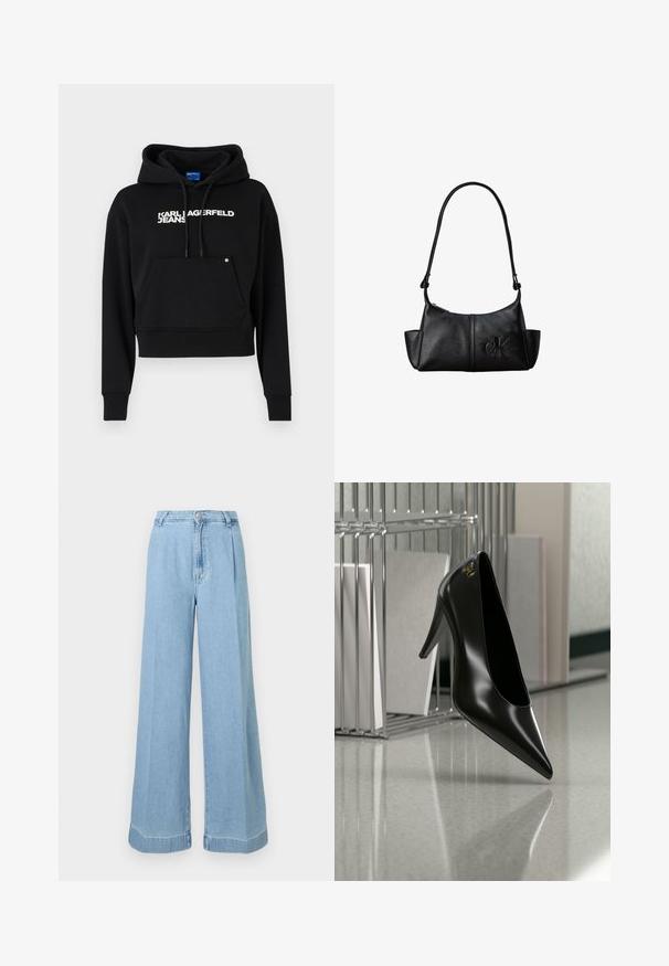 Sort cropped hoodie lavet af blød stof, med en fronlomme, snor i hætten og hvid tekstlogo "KARL LAGERFELD JEANS."; Lyseblå denim bredbenede jeans med høj talje, folder foran og rå kant for et afslappet look.; Sort højhælet sko med spids tå og guldlogo, placeret på en reflekterende overflade nær en krom trådfilholder med dokumenter.; Sort læder skuldertaske med lang rem, sidelommer og præget Calvin Klein-logo på fronten.