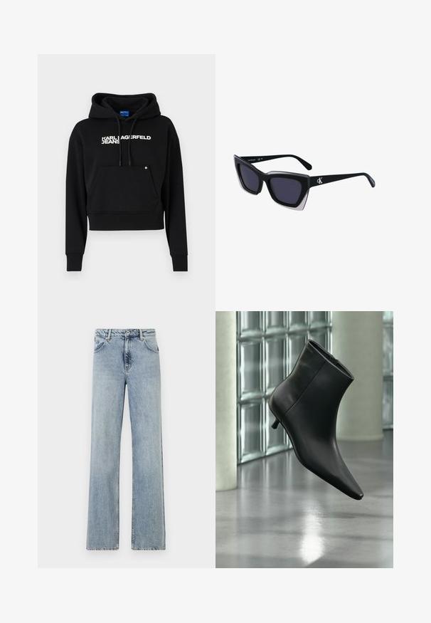 Čierna kratká mikina vyrobená z jemného materiálu, s prednou kapsou, kapucňou na sťahovanie a bielym textovým logom "KARL LAGERFELD JEANS."; Svetlo modré, široké džínsy vyrobené z denimu. Majú zapínanie na gombík a zips, predné vrecká a jemné zosvetlenie. Čisté lemovanie.; Čierna kožená členková čižma so špicatou špičkou a nízkym kitten podpätkom, zobrazená šikmo na pozadí leštenej podlahy a steny zo sklenených blokov.; Čierne oversized slnečné okuliare s geometrickým tvarom, s tmavými šošovkami a kontrastným šedým detailom na ráme. Logo na mostíku.