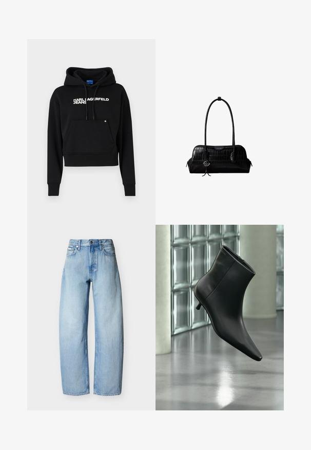 Hoodie noir court en tissu doux, doté d'une poche avant, d'une capuche avec cordon et d'un logo texte blanc "KARL LAGERFELD JEANS."; Jean en denim bleu clair à coupe droite avec cinq poches, passants pour ceinture et fermeture à bouton sur le devant.; Bottine en cuir noir à bout pointu et petit talon kitten, présentée en angle devant un sol poli et un mur en blocs de verre.; Sac à épaule en cuir noir à texture crocodile, avec de longues sangles et un petit charm logo argenté sur une sangle.
