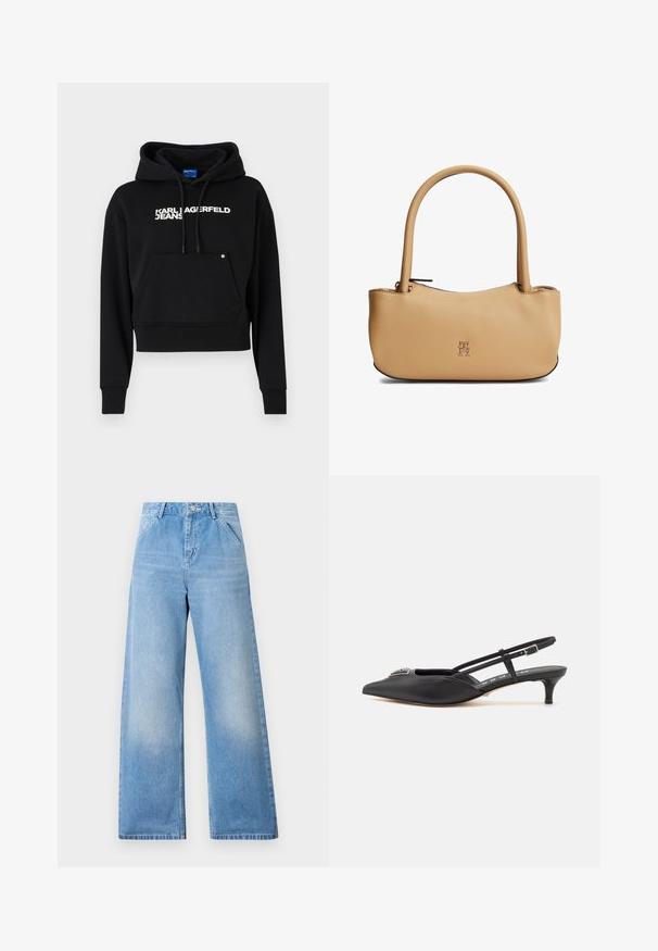 Čierna kratká mikina vyrobená z jemného materiálu, s prednou kapsou, kapucňou na sťahovanie a bielym textovým logom "KARL LAGERFELD JEANS."; Svetlomodré denimové nohavice s širokými nohavicami a vysokým pásom, s dvoma prednými vreckami a zapínaním na gombík. Čistý vzhľad s minimálnym vyblednutím.; Čierne slingback topánky s ostrou špičkou, vyrobené z hladkého materiálu, so malým podpätkom a dekoratívnym strieborným akcentom na priehlavku.; Béžová kožená kabelka s zaoblenými rúčkami, malým zlatým logom v strede prednej strany a zipsom na vrchu.