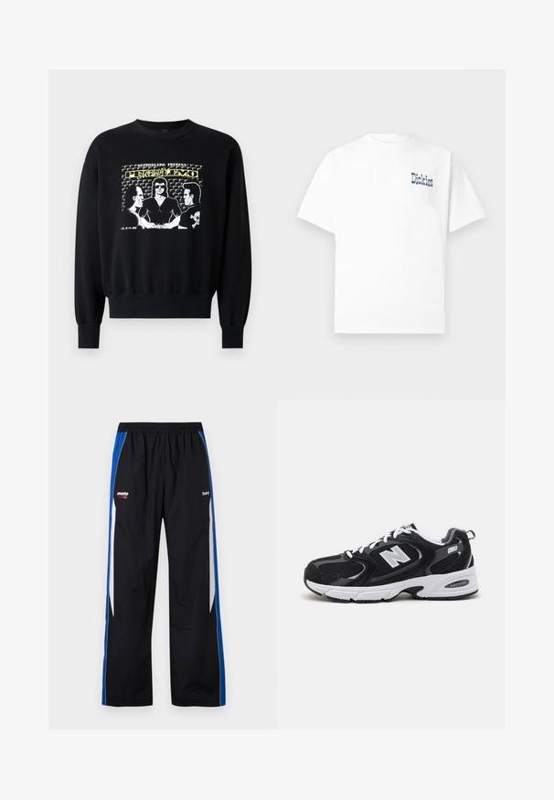 Zwarte sweatshirt met lange mouwen en geribbelde manchetten. De frontafbeelding toont drie figuren in een retro ontwerp met gele en witte tekstaccenten.; Wit T-shirt met korte mouwen en ronde hals, met blauwe "Dickies" tekst op de linkerborst. Gemaakt van zacht katoen, eenvoudig ontwerp.; Zwarte trainingsbroek met blauwe en witte zijstrepen, elastische tailleband en kleine witte en rode "moto" en "bare" logo's aan de voorkant.; Zwarte en grijze sport schoenen met een bovenwerk van mesh en suede, voorzien van een witte tussenzool, veters en een gedurfde "N"-logo aan de zijkant.