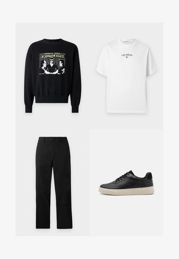 Zwarte sweatshirt met lange mouwen en geribbelde manchetten. De frontafbeelding toont drie figuren in een retro ontwerp met gele en witte tekstaccenten.; Wit T-shirt met korte mouwen en zwarte tekst 'Las Vegas Replay 81' gedrukt op de borst, ronde hals, eenvoudig ontwerp.; Zwarte broek van een gladde stof, met een flat front, twee voorzakken en een rechte pijp met subtiele stiksels.; Zwart leren sneaker met een laag profiel, voorzien van een crèmekleurige rubberen zool, ronde neus en vetersluiting, geaccentueerd met een zwarte suede hiel.