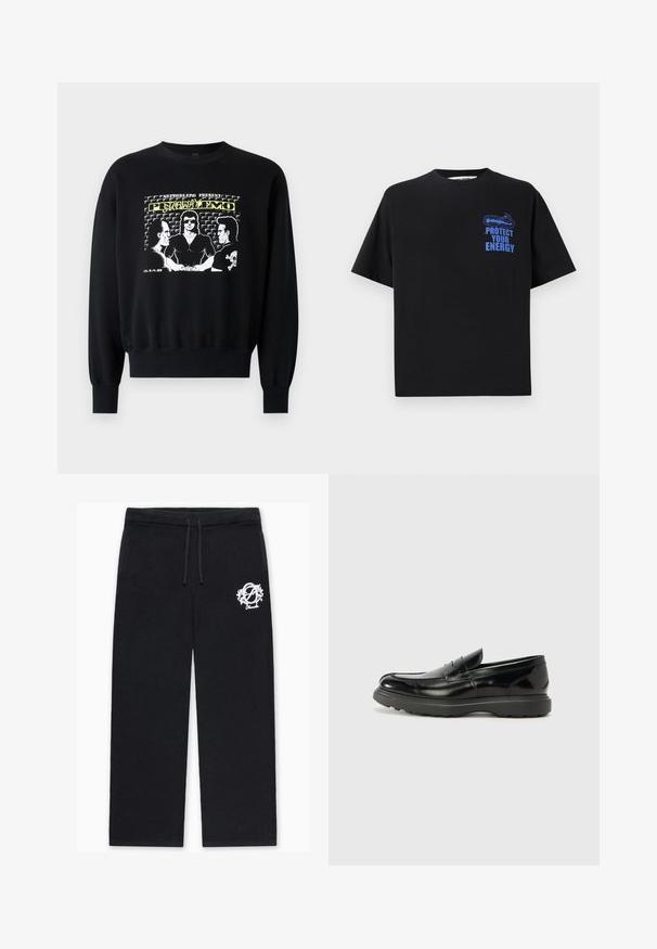 Sort sweatshirt med lange ærmer og ribbede manchetter. Frontgrafikken viser tre figurer i et retrodesign med gule og hvide tekstaccenter.; Sort bomulds t-shirt med korte ærmer, der har blå tekst "BESKYT DIN ENERGI" og et grafisk design på den øverste venstre side.; Sorte strikkede bukser med en afslappet pasform, med snøre i taljen og en hvid broderet logo på venstre lår.; Sort læderloafer med en blank finish, rund tå, subtile syninger og en tyk gummisål for holdbarhed.