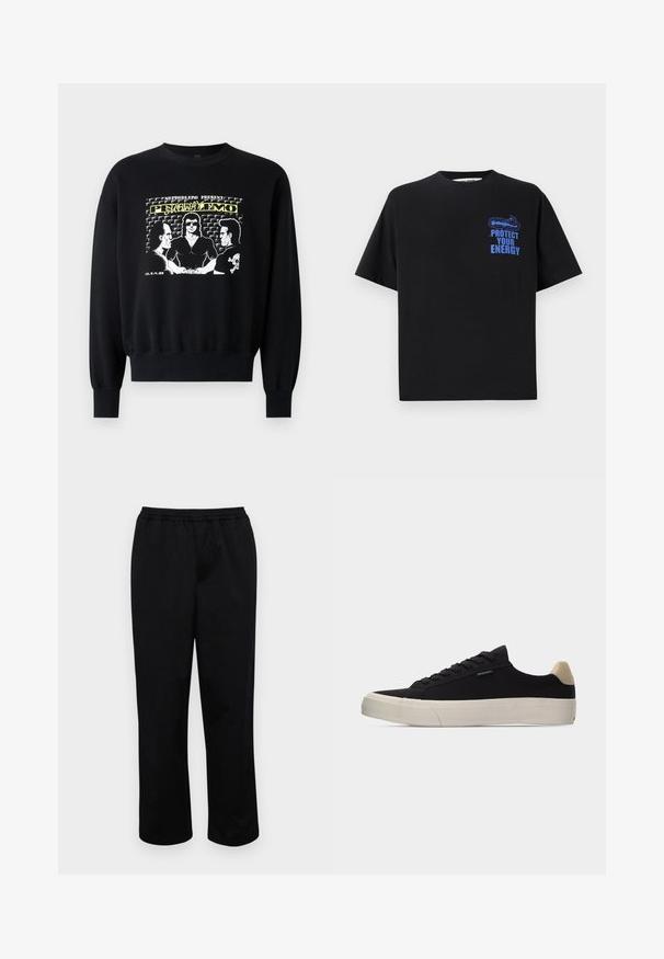 Zwarte sweatshirt met lange mouwen en geribbelde manchetten. De frontafbeelding toont drie figuren in een retro ontwerp met gele en witte tekstaccenten.; Zwarte katoenen t-shirt met korte mouwen, met blauwe tekst "BESCHERM JE ENERGIE" en een grafisch ontwerp op de bovenste linkerkant.; Zwarte, halflange broeken met een elastische tailleband. Gemaakt van een soepel stof, met een ontspannen pasvorm en zonder zichtbare zakken of versieringen.; Zwarte lage sneaker met beige hielstuk, dikke witte rubberen zool, zwarte veters en een klein "PS Paul Smith" label aan de zijkant.