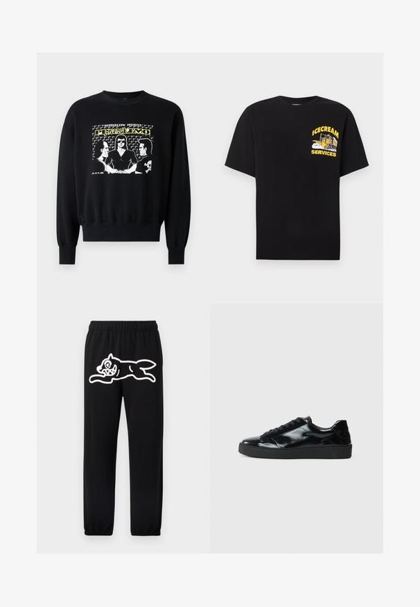 Zwarte sweatshirt met lange mouwen en geribbelde manchetten. De frontafbeelding toont drie figuren in een retro ontwerp met gele en witte tekstaccenten.; Zwart T-shirt met gele afbeelding van een ijswagen en de tekst "ICECREAM SERVICES" op de linkerborst.; Zwarte joggingbroek met een elastische tailleband, met een groot wit cartoonachtig ontwerp van een springend wezen op het linkerbeen.; Zwarte gepatenteerde leren sneakers met een ronde neus, vetersluiting, een gestructureerde rubberen zool en een glanzende afwerking.