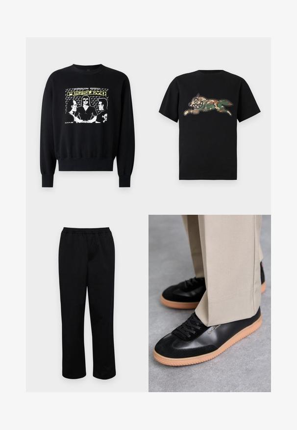 Schwarzer Pullover mit langen Ärmeln und gerippten Bündchen. Die Grafik auf der Vorderseite zeigt drei Figuren in einem Retro-Design mit gelben und weißen Textelementen.; Icecream CAMO RUNNING DOG WOODLAND - T-Shirt print - black; Schwarze, mittellange Hosen mit elastischem Bund. Aus glattem Stoff gefertigt, mit lockerem Schnitt und ohne sichtbare Taschen oder Verzierungen.; Paul Smith COMO - Sneaker low - black