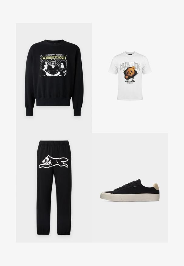 Schwarzer Pullover mit langen Ärmeln und gerippten Bündchen. Die Grafik auf der Vorderseite zeigt drei Figuren in einem Retro-Design mit gelben und weißen Textelementen.; Weißes T-Shirt mit einer Grafik eines Teddybärgesichts mit durchgestrichenen Augen und dem Text "CLSR LDN" und "worldwide" darunter.; Schwarze Jogginghose mit elastischem Bund und großem weißen Cartoon-Motiv eines springenden Wesens am linken Bein.; Schwarzer Low-Top-Sneaker mit beigem Fersenlasche, weißer dicker Gummisohle, schwarzen Schnürsenkeln und kleinem "PS Paul Smith"-Label an der Seite.