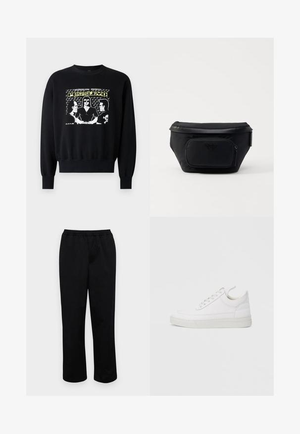 Sort sweatshirt med lange ærmer og ribbede manchetter. Frontgrafikken viser tre figurer i et retrodesign med gule og hvide tekstaccenter.; Sorte, mellemlange bukser med elastisk talje. Lavet af glat stof, har en afslappet pasform og ingen synlige lommer eller udsmykninger.; Hvid lædersneaker med rundet tå, flad sål og snørebånd foran. Har syningsdetaljer og polstret krave for komfort.; Sort nylon taske med en frontlomme med lynlås, der har en glat overflade og et logo som accent. Struktureret design med fold-over top.