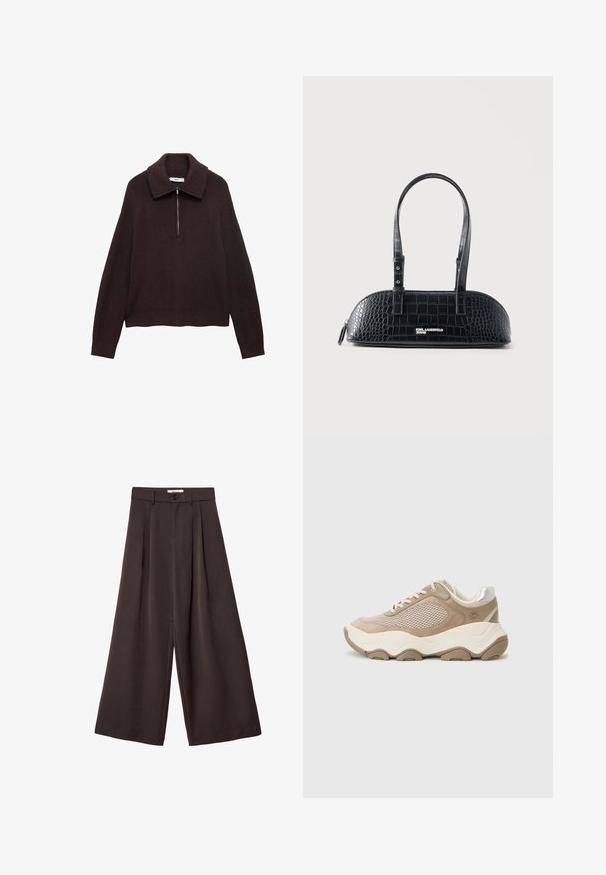 Pull en tricot marron avec un large col, fermeture à demi-zip à l'avant et épaules tombantes. Présente une texture côtelée et une longueur crop.; Pantalon à jambes larges en tissu brun foncé, avec des plis, une fermeture par bouton, et une texture lisse ; longueur cheville avec une coupe ajustée.; Baskets beiges en matériaux en maille et en suède, de forme ronde, avec des accents texturés, des lacets ton sur ton et une semelle épaisse et ondulée.; Sac à main en cuir noir texture crocodile avec deux anses et logo Karl Lagerfeld Jeans à l'avant.