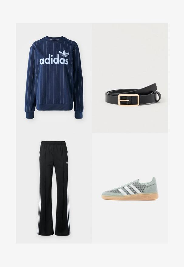 Tummansininen collegepaita, jossa on pystysuorat valkoiset raidat, suuri vaaleansininen "adidas"-logo edessä, ribbaus hihansuissa ja pyöreässä kaula-aukossa.; Mustat verkkarit, joissa on joustava vyötärönauha, sivutaskut ja valkoiset pystysuorat raidat sivuilla. Edessä pieni logo.; Vaaleanvihreä mokka- ja verkkokangastossu, jossa on kolme valkoista raitaa, pyöreä kärki ja kuminahkainen ulkopohja. Klassiset Adidas-brändäysominaisuudet.; Musta nahkavyö, jossa on suorakaiteen muotoinen kultasävyinen metallisolki, litteä muotoilu ja sileä pinta, jossa on hillitty kaareva kärki.