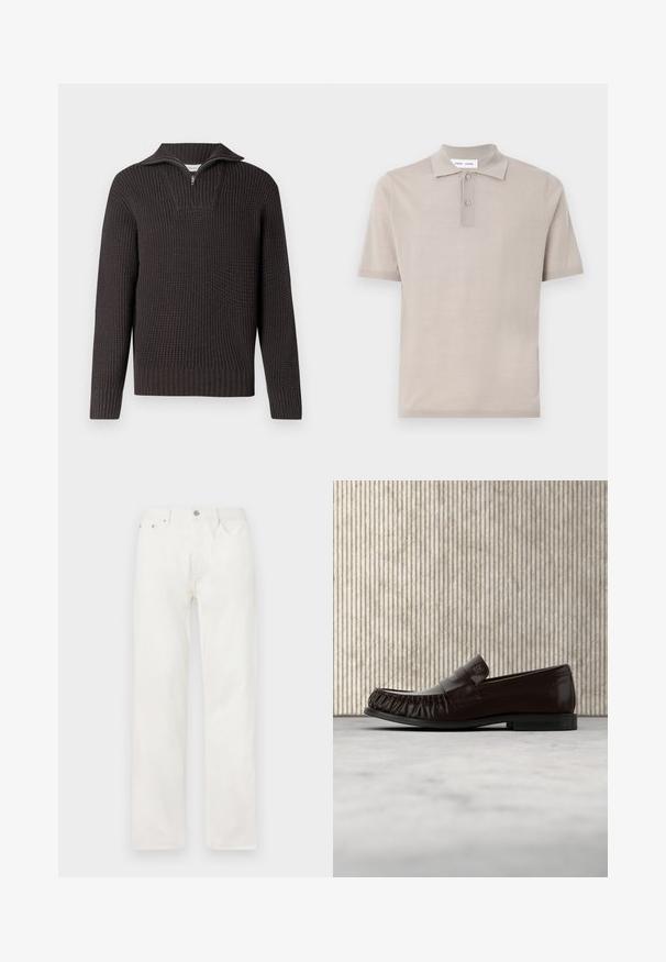 Pull en tricot gris foncé avec un col zippé mi-haut, texture côtelée et manches longues. Présente une forme carrée et un design structuré.; Polo à manches courtes en coton beige clair, avec un col classique, une patte de boutonnage à deux boutons et une finition lisse et texturée.; Jean en denim blanc coupe droite avec poches avant, passants pour ceinture et fermeture par bouton à la taille, présenté sur un fond uni.; Mocassin en cuir marron foncé avec des détails cousus, flottant au-dessus d'un tapis beige, avec une table ronde brillante de couleur ambre en arrière-plan.