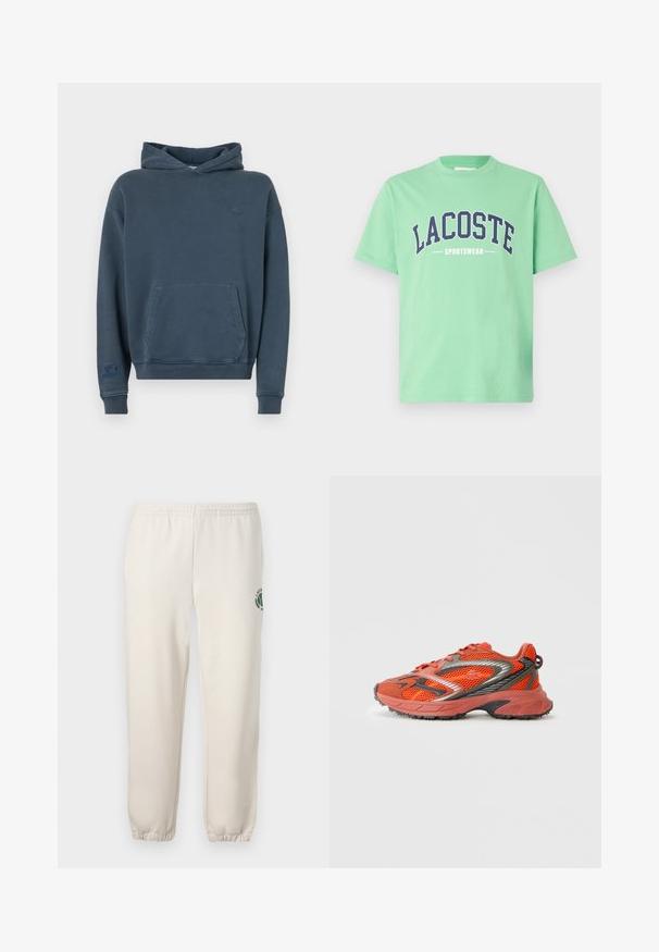 Sudadera de algodón azul con un bolsillo frontal, puños y dobladillo acanalados, que presenta un pequeño logo en el pecho y una etiqueta en la manga.; Camiseta de algodón verde con cuello redondo. Presenta texto en negrita azul marino que dice "LACOSTE" y "SPORTSWEAR" en el pecho. Mangas cortas.; Pantalones de chándal de color beige claro, hechos de algodón, con una cinturilla elástica, puños acanalados y un logo verde con diseño de hoja en la pierna izquierda.; Zapatilla deportiva en rojo y marrón con tela de malla, detalles en negro y suela de goma. Presenta una punta redondeada y cordones de contraste.
