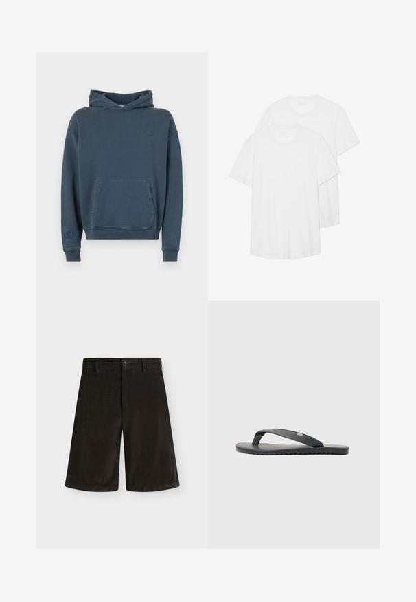 Sudadera de algodón azul con un bolsillo frontal, puños y dobladillo acanalados, que presenta un pequeño logo en el pecho y una etiqueta en la manga.; Dos camisetas blancas de manga corta hechas de algodón, con cuello redondo, textura suave y un diseño simple y sin adornos.; Pantalones cortos negros hasta la rodilla con trabillas para cinturón, cierre de botón y parte delantera lisa, colocados planos sobre un fondo blanco.; Chancla negra con correas texturizadas, suela plana y borde dentado. Fabricada en goma con un acabado suave y un diseño minimalista.