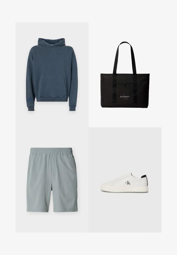 Sudadera de algodón azul con un bolsillo frontal, puños y dobladillo acanalados, que presenta un pequeño logo en el pecho y una etiqueta en la manga.; Pantalones cortos casuales para hombre en gris claro con cinturilla elástica y bolsillos laterales, mostrados extendidos sobre fondo blanco.; Zapatillas de cuero blanco con puntera redondeada, suela de goma plana y acento negro en el talón. Presenta un destacado logo negro de Calvin Klein en el costado.; Bolso tote negro de Calvin Klein con dos asas largas y bolsillo delantero, con el logo de la marca en blanco y gris.