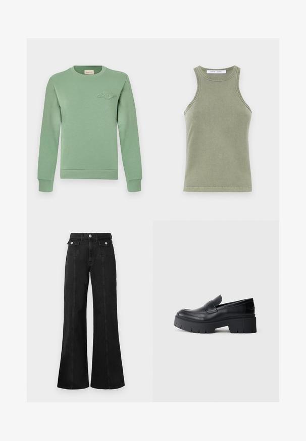 Sweatshirt vert clair en coton, avec un col et des poignets côtelés, décoré d'un logo brodé sur la poitrine.; Débardeur vert olive en coton doux, avec un col rond, sans manches et des bords cousus. Forme simple et ajustée.; Jeans en denim noir évasés avec une taille haute, dotés de deux poches avant, d'une quincaillerie en ton argent et de coutures visibles le long de l'avant.; Mocassin plateforme noir épais avec tige en cuir lisse, sangle décorative et semelle texturée épaisse sur fond blanc.