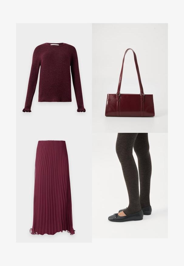 Pull en tricot bordeaux à manches longues avec des poignets volants et un col rond sur un fond uni.; Jupe plissée longue bordeaux en tissu léger avec une taille élastique et un ourlet légèrement ondulé. Plis verticaux texturés sur toute la surface.; Jambes portant des leggings côtelés foncés associés à des ballerines noires avec de petits détails en nœud sur fond blanc.; Sac à main bordeaux en matériau brillant, de forme rectangulaire, avec deux anses et des accents légèrement courbés à l'avant.