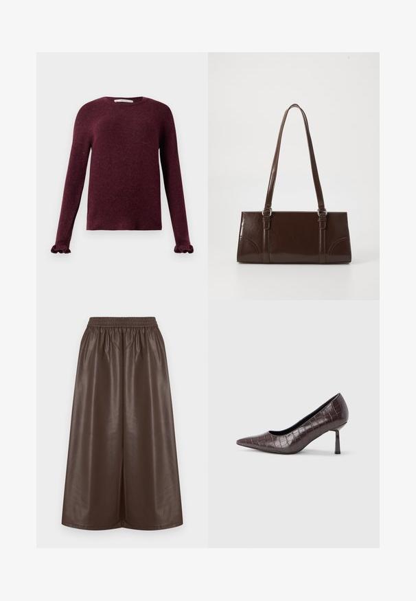 Pull en tricot bordeaux à manches longues avec des poignets volants et un col rond sur un fond uni.; Jupe en simili cuir marron avec une ceinture élastique, un design à jambes larges et une texture lisse et brillante. Sans motifs ni ornements.; Escarpins à bout pointu en similicuir marron avec une texture crocodile, dotés d’un talon fin et angulaire ainsi que d’une doublure intérieure lisse.; Sac à main en cuir verni marron de forme rectangulaire, avec deux longues poignées et des accents courbés subtils à l'avant.