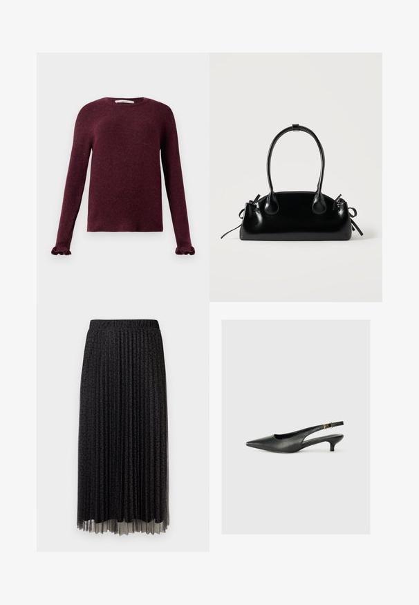 Pull en tricot bordeaux à manches longues avec des poignets volants et un col rond sur un fond uni.; Jupe midi plissée noire avec un léger motif léopard, taille élastique et texture transparente à l'ourlet.; Chaussure slingback noire à bout pointu en cuir lisse. Présente un talon fin et un détail de boucle sur la sangle réglable.; Petit sac à main noir brillant avec deux longues anses et des détails à cordon sur les côtés sur un fond clair uni.
