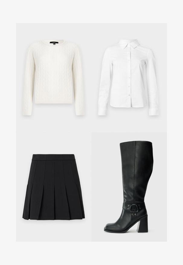Pull en maille blanche avec des manches longues, un col rond et un accent décoratif en perles au niveau du col. Texture douce et design ajusté.; Chemise blanche à manches longues avec boutons, col pointu, ourlet droit et silhouette ajustée, présentée sur un fond clair uni.; Jupe plissée noire en tissu lisse. Elle présente une large ceinture et plusieurs plis aiguille verticaux.; Bottes en cuir noires arrivant au genou, avec un bout carré, un large talon et une sangle décorative avec des accents métalliques autour de la cheville. Texture lisse.