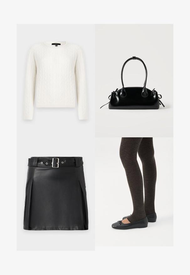Pull en maille blanche avec des manches longues, un col rond et un accent décoratif en perles au niveau du col. Texture douce et design ajusté.; Jupe mini en faux cuir noir avec un design ajusté, des plis latéraux et une ceinture avec une boucle argentée et des œillets. Texture lisse, taille haute.; Jambes portant des leggings côtelés foncés associés à des ballerines noires avec de petits détails en nœud sur fond blanc.; Petit sac à main noir brillant avec deux longues anses et des détails à cordon sur les côtés sur un fond clair uni.